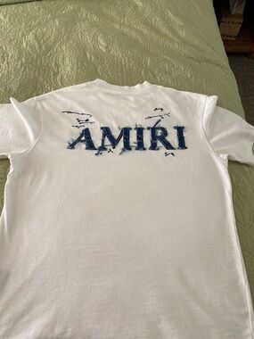 AMIRI White Short Sleeve Tee with Navy Embroidered Logo